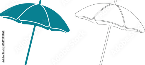 Teal beach umbrella silhouette with white outline and black outline version