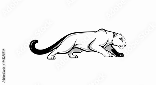 Stylized, monochrome panther stalking forward with a dark tail