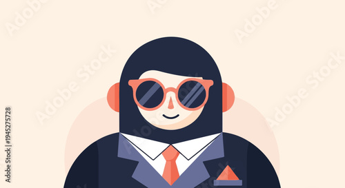 Stylized character in suit and sunglasses, smiling broadly