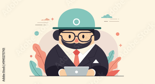 Stylized businessman with hard hat and laptop, surrounded by abstract shapes