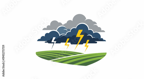 Stormy clouds with lightning over a green hilly landscape