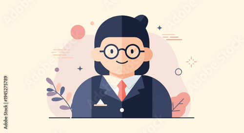 Stylized character portrait with glasses and a suit, surrounded by abstract shapes