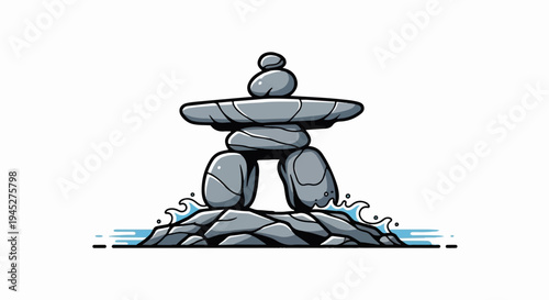 Stone cairn monument on rocky shore with waves