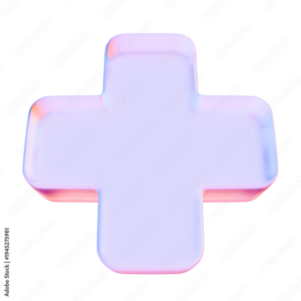 Obraz premium Front view 3D render of a glowing holographic and iridescent pink and purple glass cross symbol. Excellent for futuristic tech interfaces, math addition signs, or glowing health icons