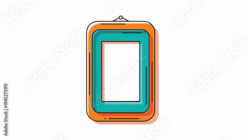 Stylized, empty, hanging picture frame with orange and teal border