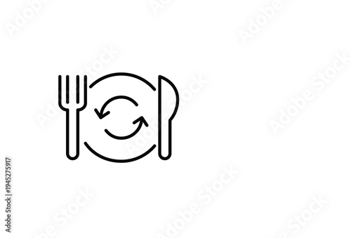 Dish, fork and knife plus renew arrows. Fresh food, menu update. Pixel perfect, editable stroke vector icon