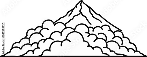 Stylized mountain peak emerging from fluffy clouds in black outline