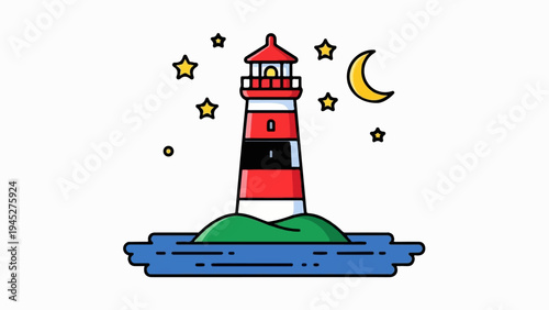 Striped lighthouse on island at night with moon and stars