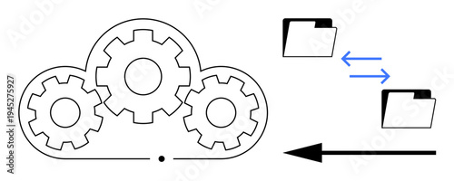 Cloud computing. Cloud containing gears next to folders with data transfer arrows. Cloud computing s data transfer and digital synchronization. For IT, technology solutions, digital storage, data