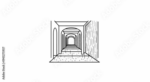 Stylized drawing of an architectural perspective drawing of a long corridor