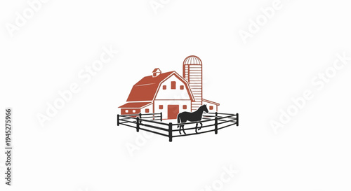 Stylized farm with horse in a fenced enclosure, red barn, silo