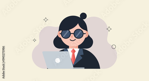 Stylized female professional in a suit with glasses and a laptop