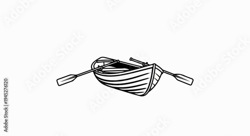 Simple line drawing of a wooden rowboat with oars extended