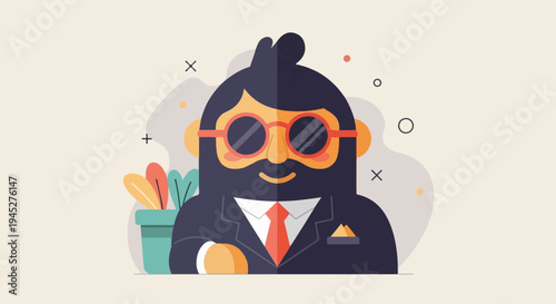 Stylized cartoon man in suit with glasses and beard, friendly look