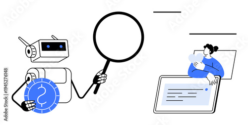 Artificial intelligence examining financial data. Robot holding magnifying glass near online services with human interaction. Financial technology, data analysis, automation tools, digital security