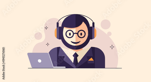 Stylized person with headphones and laptop, working in a digital environment