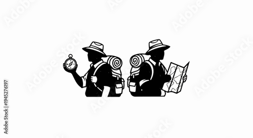 Two hikers, one with a compass, the other with a map