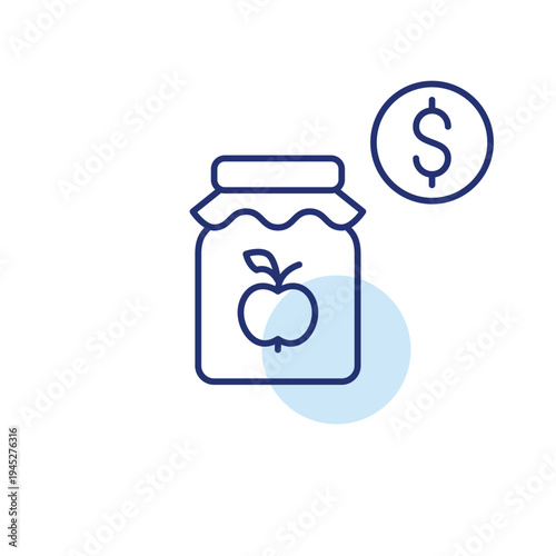 Apple jam jar and dollar. Homemade preserve cost, grocery spread price, artisanal food value. Pixel perfect, editable stroke vector icon