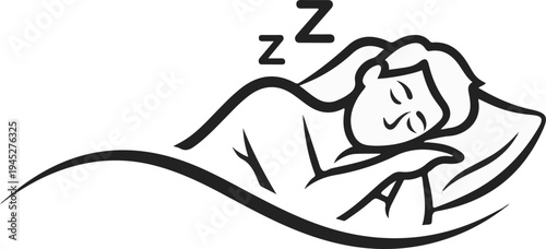 Stylized line art of a person sleeping peacefully on a pillow with Zzzs