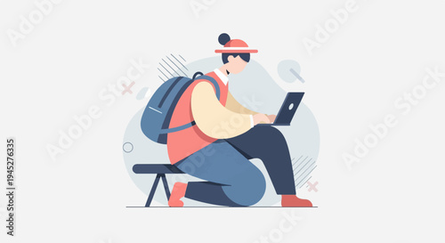 Person with backpack and laptop, abstract shapes in background