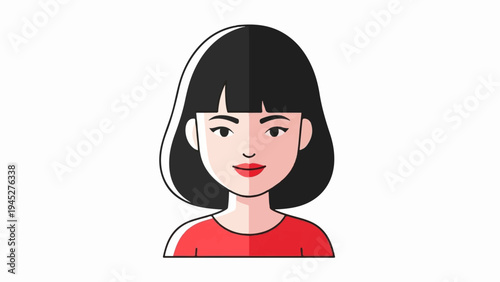 Stylized cartoon portrait of a young woman with black bob haircut and red top