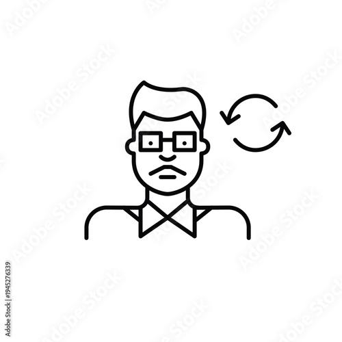 Account renewal, subscription refresh, digital profile update. Male avatar and renew arrows. Pixel perfect, editable stroke vector icon