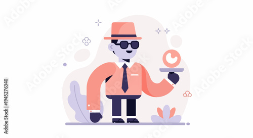Stylized character with a hat and sunglasses serves a clock on a tray