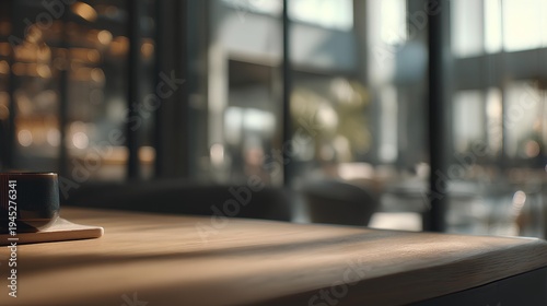 Wallpaper Mural Minimalist Cafe Serenity: A sunlit interior cafe scene, focus on a textured wooden table with a solitary teacup and coaster, hinting at a moment of pause and reflection within a bustling environment. Torontodigital.ca