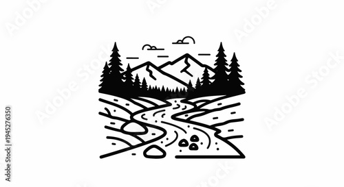 Stylized linear depiction of a mountainous landscape with trees and a river