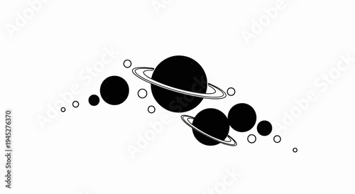 Stylized celestial bodies with rings and orbiting circles