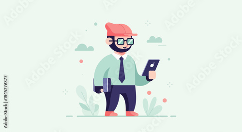 Stylized man in a hat and glasses holds a tablet and book