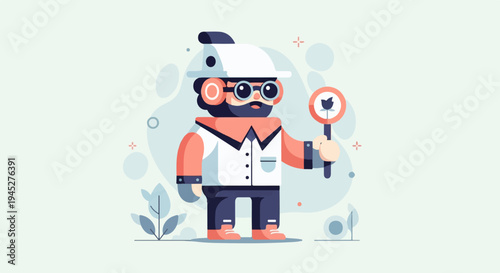 Stylized character holding a magnifying glass with a flower symbol