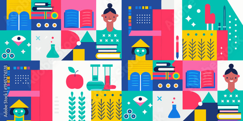 Colorful illustration depicting education learning and diverse academic pursuits