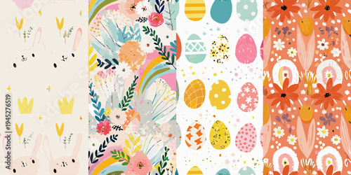 Colorful easter patterns featuring flowers rabbits and decorated eggs