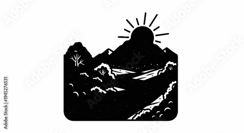 Stylized mountainous landscape with a sunburst at dawn or dusk