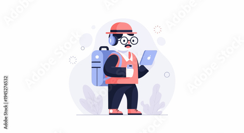 Stylized character with backpack, holding phone and tablet, wearing hat