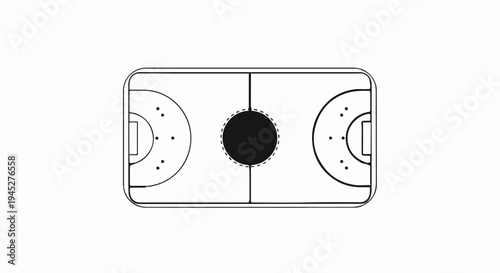 Stylized top-down view of a sports court with goals and a center circle