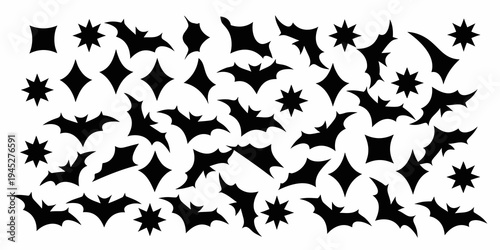 Black silhouettes of bats and stars scattered on a white background
