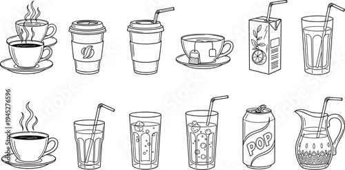 Hand-Drawn Drink Icon Set Featuring Coffee, Tea, Juice, Soda, and Water Glasses for Beverage Illustrations