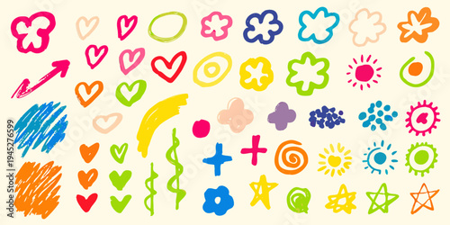 Colorful doodle shapes and whimsical hand drawn elements on a light background