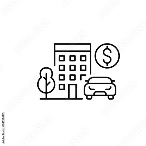 Apartment building, tree, car and dollar. Neighborhood rent and sale. Affordable cost of living. Pixel perfect, editable stroke vector icon