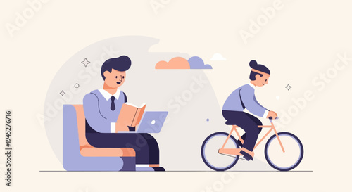 Two people engage in separate activities, one reading a laptop, other cycling