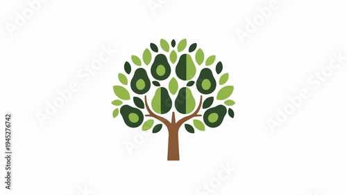 Stylized tree with avocados and leaves in green and brown on white background