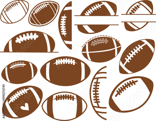 Assorted illustrations of american footballs in various orientations and designs
