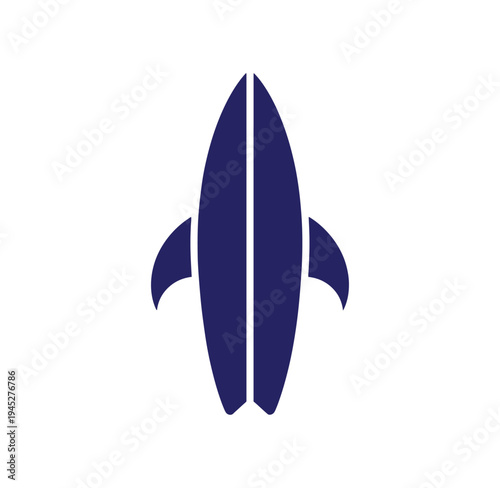 Dark blue surfboard with white line and fins on transparent background