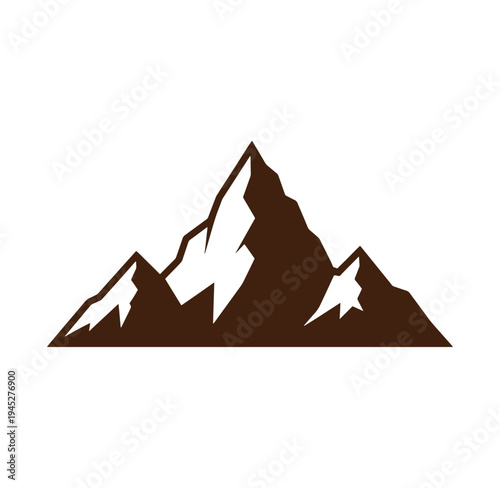 Mountain range silhouette with snow capped peaks on white background