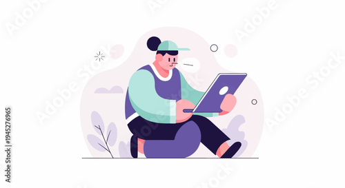 Person with cap using laptop, surrounded by abstract shapes and plants
