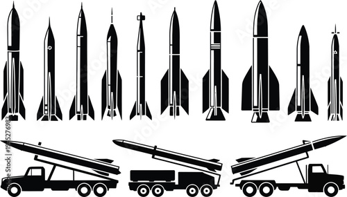 Rocket and missile silhouette set, black vector collection of ballistic missiles space rockets and military transport launch vehicles isolated on white background.