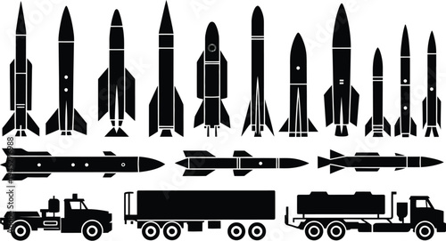 Rocket and missile silhouette collection, military ballistic weapons space launch vehicles and transport trucks vector illustration isolated on white background.