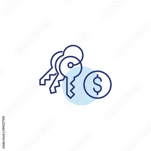 Keys on chain and dollar sign. Rent cost, property for sale, real estate business. Pixel perfect, editable stroke vector icon